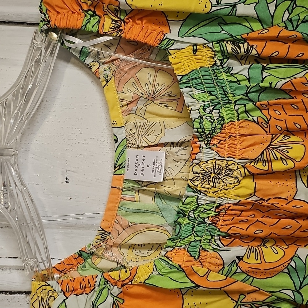 NWT Peyton & Parker Orange Yellow GreenCotton Tropical Fruit Square Neck Dress S - Picture 2 of 4